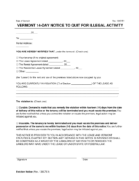 Vermont 14 Day Notice to Quit for Illegal Activity