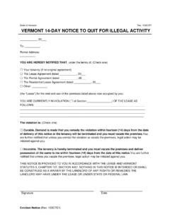 Vermont 14 Day Notice to Quit for Illegal Activity