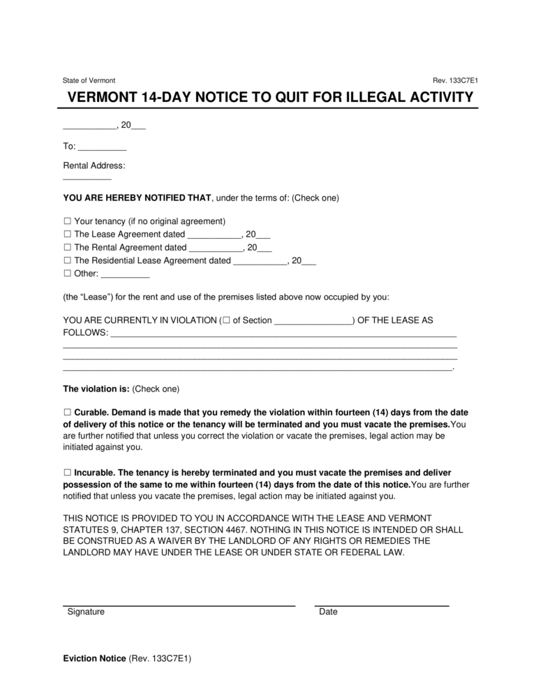 Free Vermont 14Day Notice to Quit Illegal Activity PDF & Word