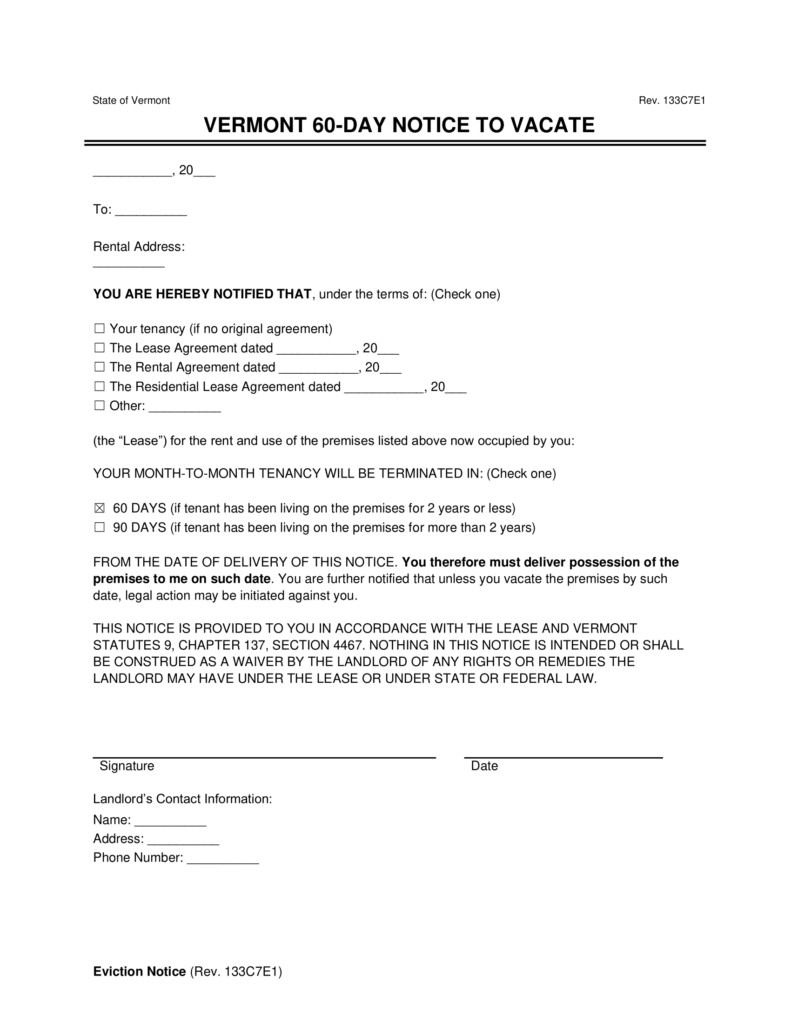 Free Vermont 60-Day Notice to Vacate | Lease Termination Letter | PDF ...