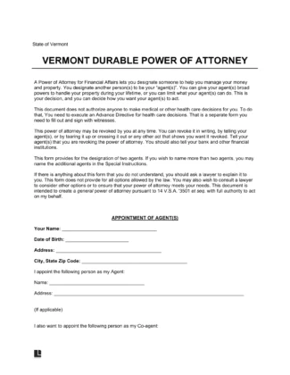 Vermont Durable Statutory Power of Attorney Form