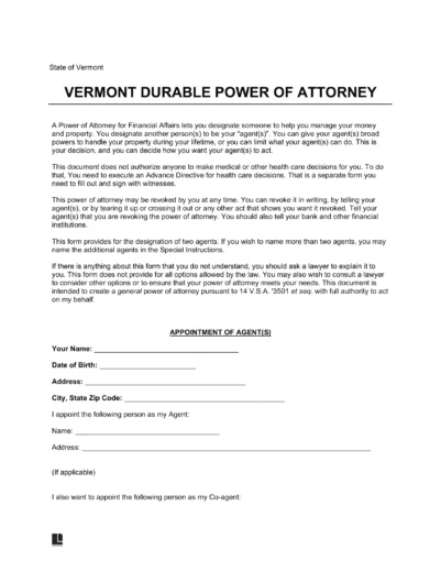 Vermont Durable Statutory Power of Attorney Form