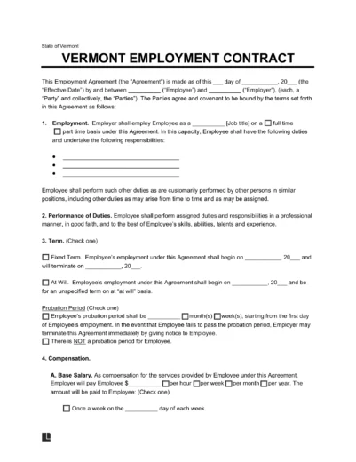 Vermont Employment Contract Template