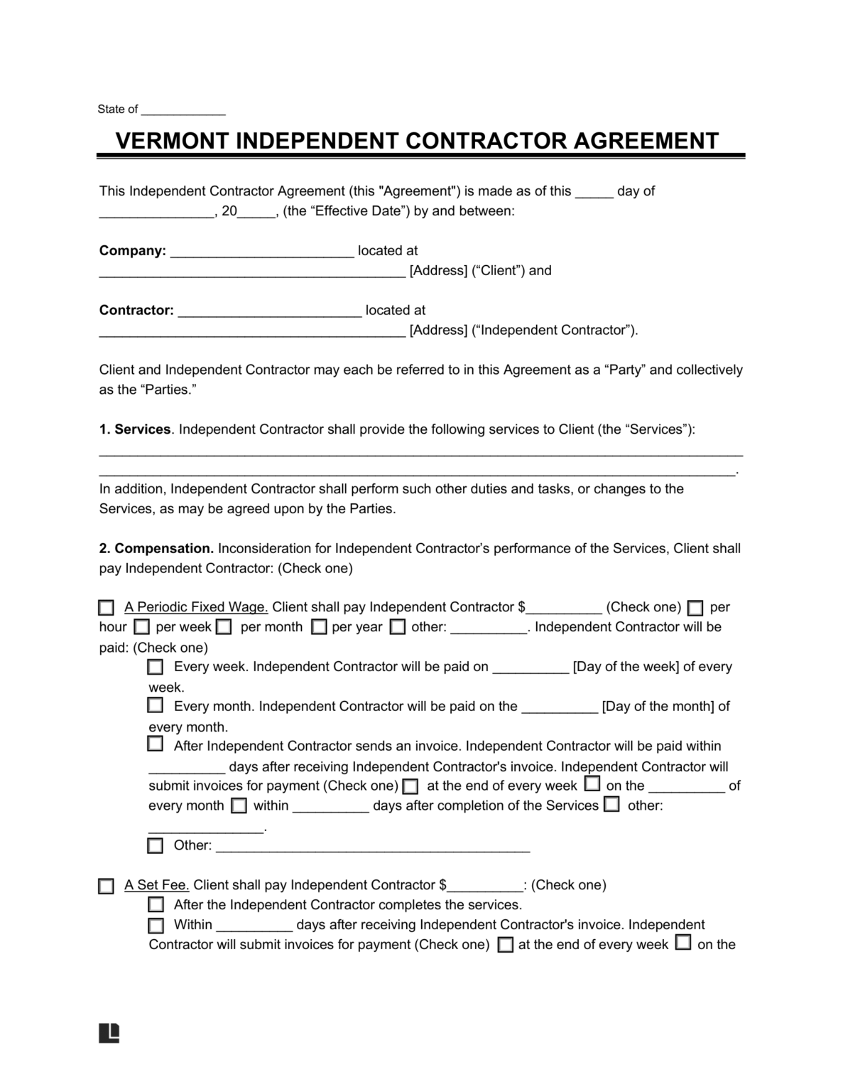 Free Vermont Independent Contractor Agreement PDF & Word