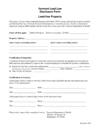 Vermont Lead Law Disclosure Form for Lead-Free Property