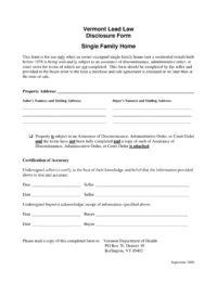 Vermont Lead Law Disclosure Form for Single-Family Home