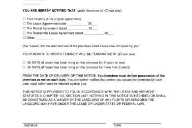 Vermont Notice to Vacate
