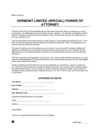 Vermont Limited Power of Attorney Form