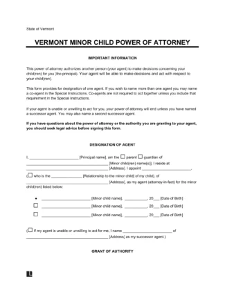 Vermont Minor Child Power of Attorney Form