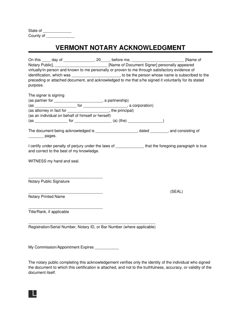 Free Vermont Notary Acknowledgment Form | PDF & Word