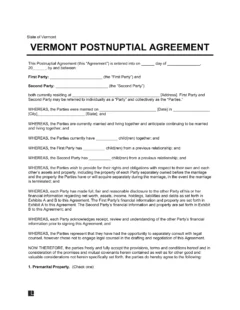 Vermont Postnuptial Agreement Template