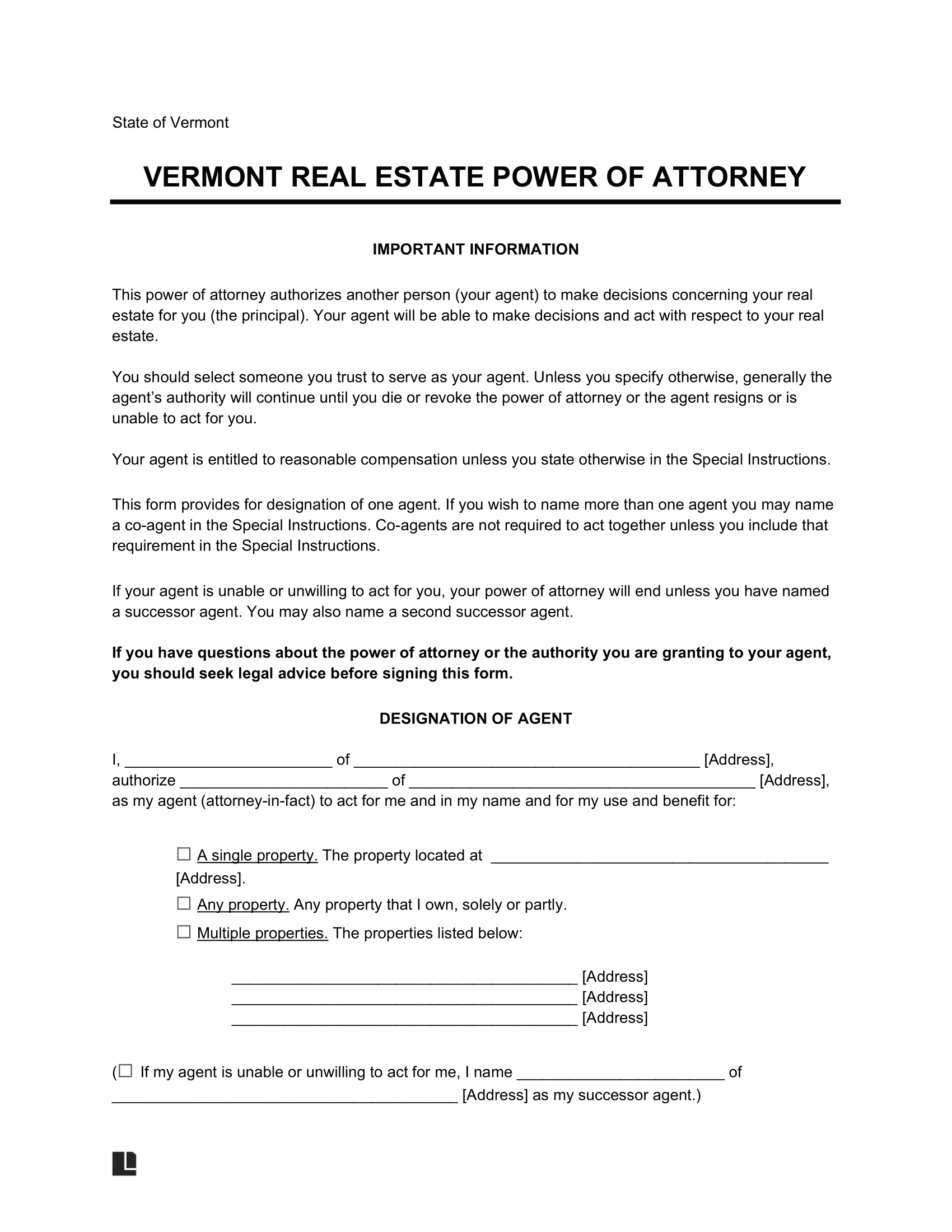 Vermont Real Estate Power of Attorney Form