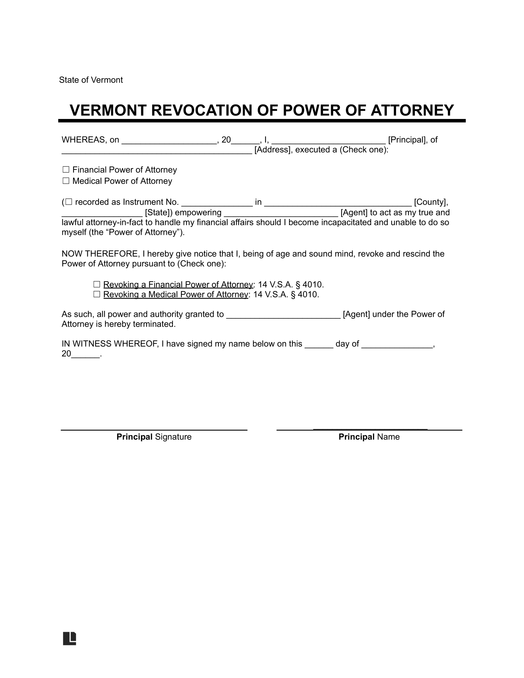 Vermont Revocation Power of Attorney Form