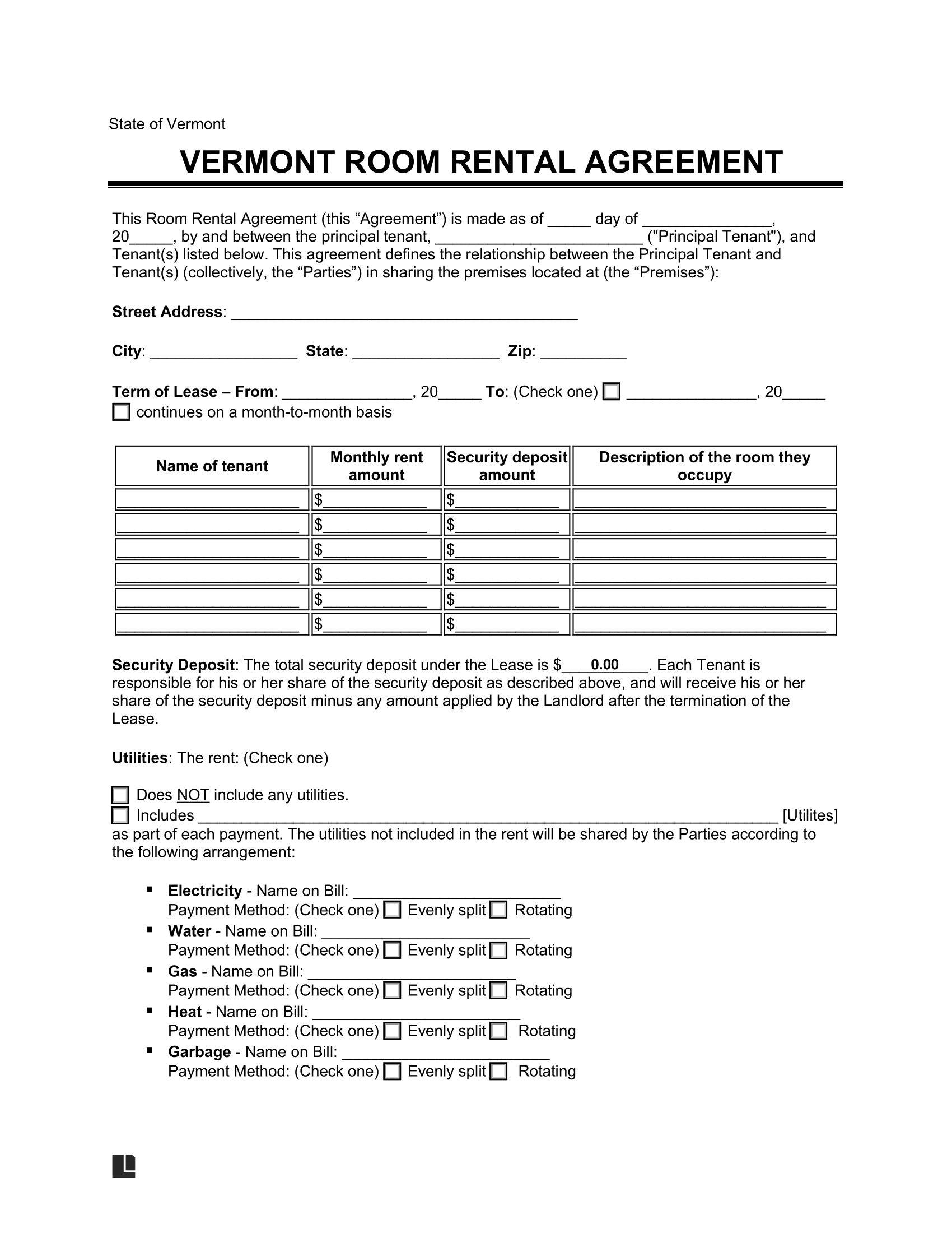 Vermont Room Rental Agreement
