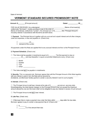 Vermont Standard Secured Promissory Note Template