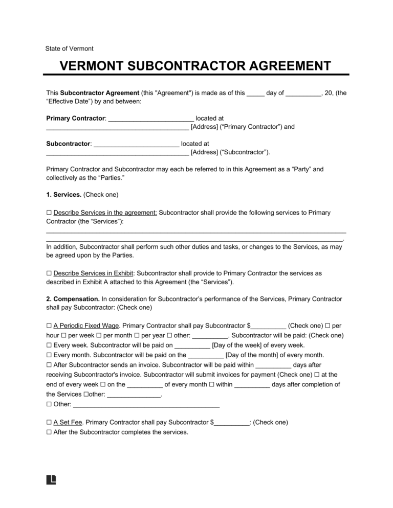 Free Vermont Subcontractor Agreement | PDF & Word