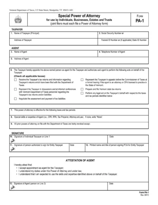 Vermont Tax Power of Attorney Form PA-1