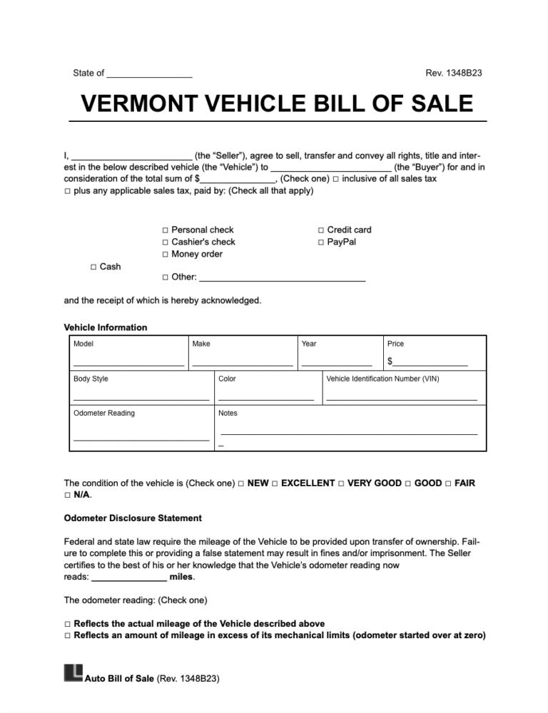 Free Vermont Motor Vehicle Bill of Sale Form | PDF & Word