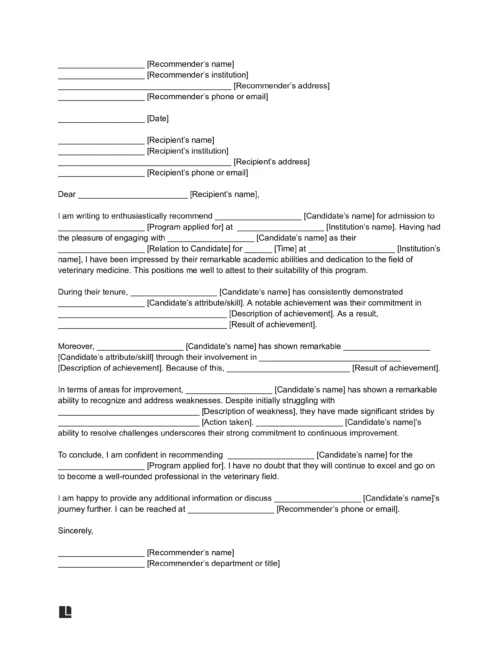 Vet School Letter of Recommendation