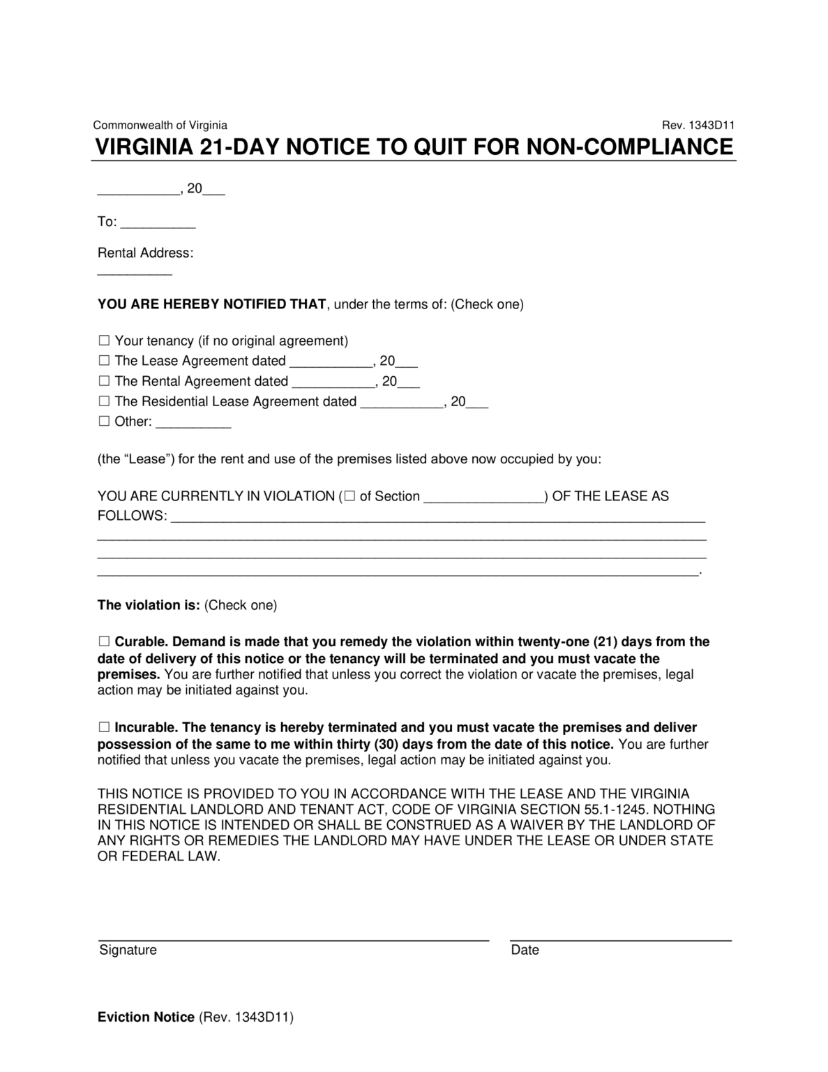 Free Virginia 21-Day Notice to Quit | Non-Compliance | PDF & Word