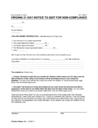 Virginia 21-Day Notice to Quit for Non-Compliance