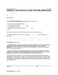 Virginia 21-Day Notice to Quit for Non-Compliance