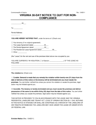 Virginia 30-Day Notice to Quit for Non-Compliance