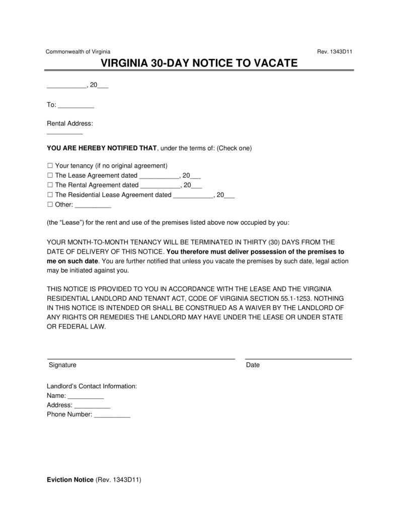 Free Virginia 30-Day Notice to Vacate | Lease Termination Letter | PDF ...