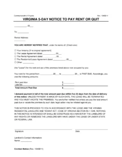 Virginia 5-Day Eviction Notice to Quit (Non-Payment of Rent)