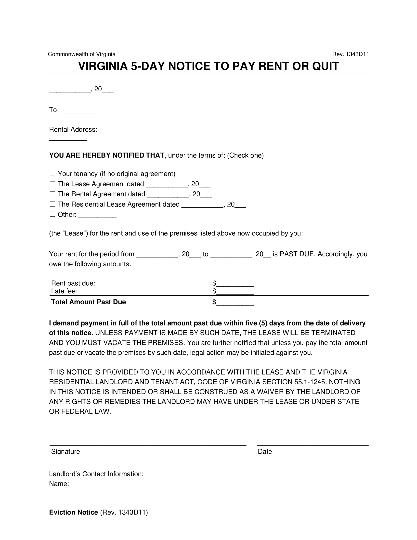 Virginia 5-Day Eviction Notice to Quit (Non-Payment of Rent)