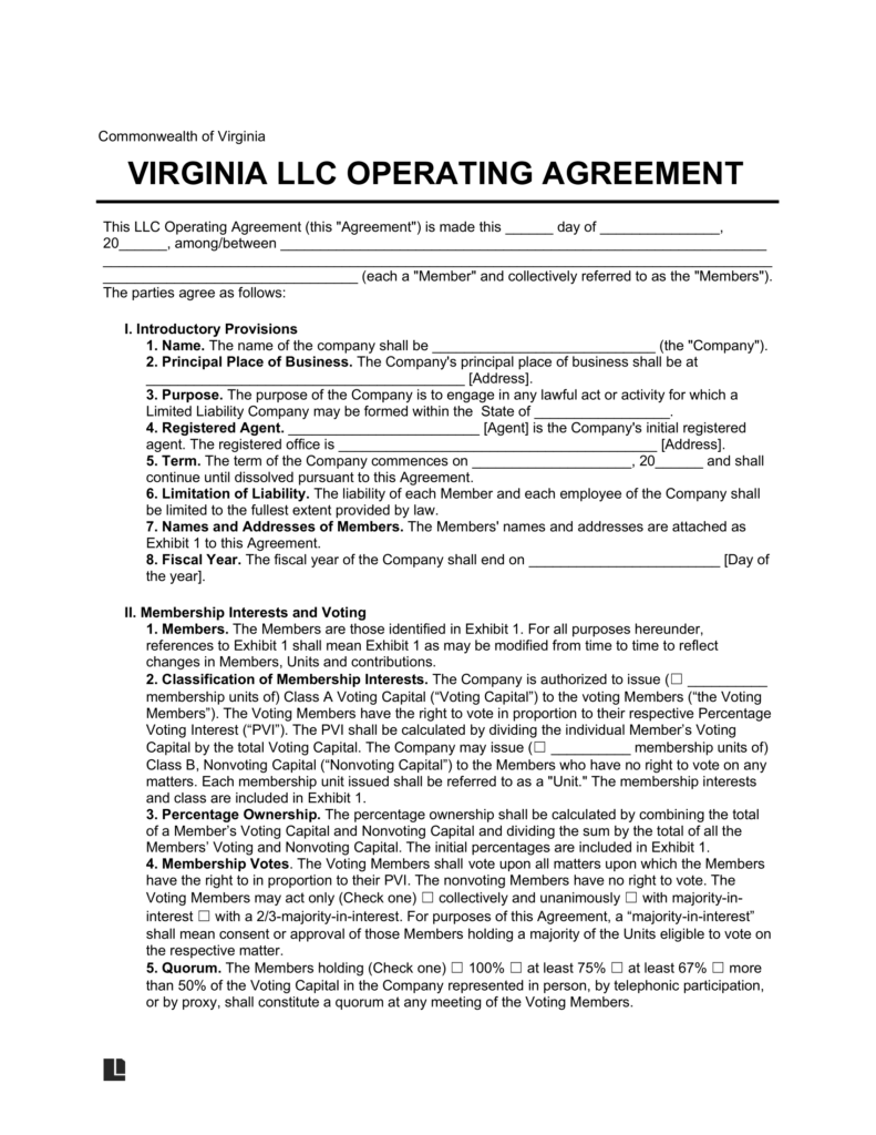 Virginia LLC Operating Agreement Template