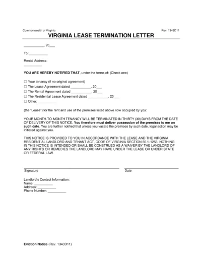 Virginia Lease Termination Letter Template