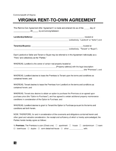 Virginia Rent-to-Own Lease Agreement