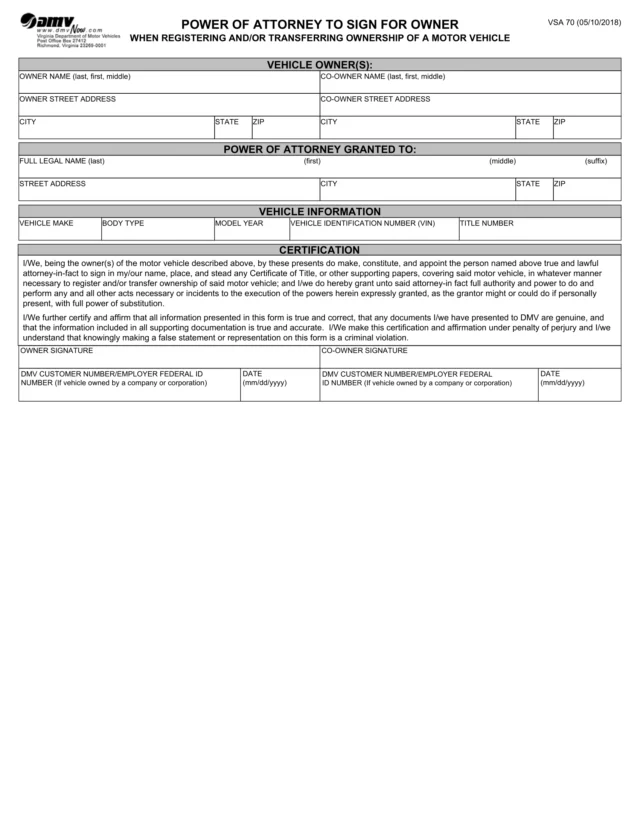 Virginia Motor Vehicle Power of Attorney Form VSA-70