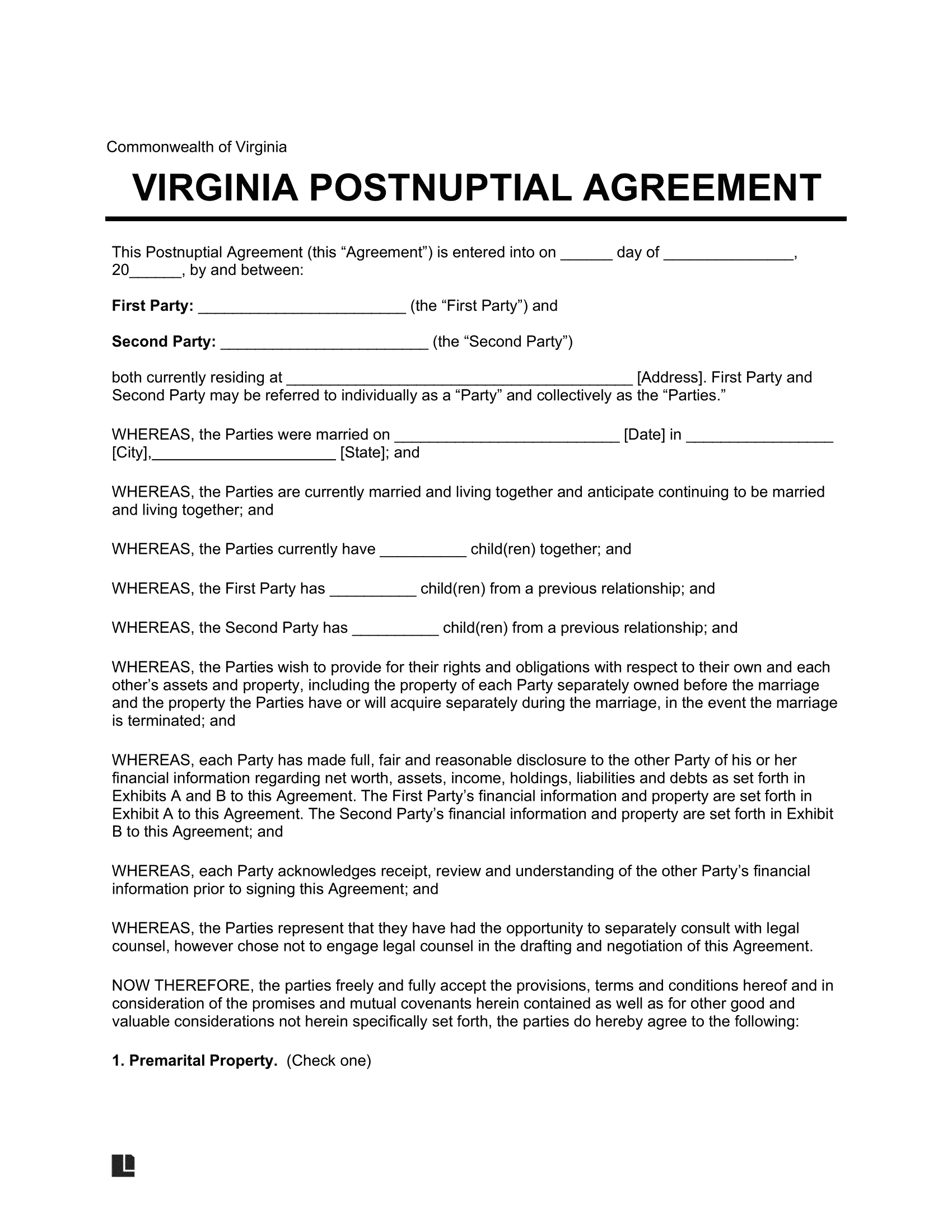 Virginia Postnuptial Agreement Template