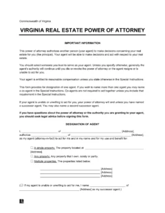 Virginia Real Estate Power of Attorney Form