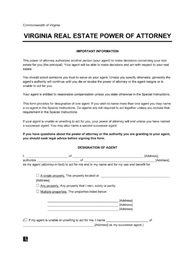 Virginia Real Estate Power of Attorney Form