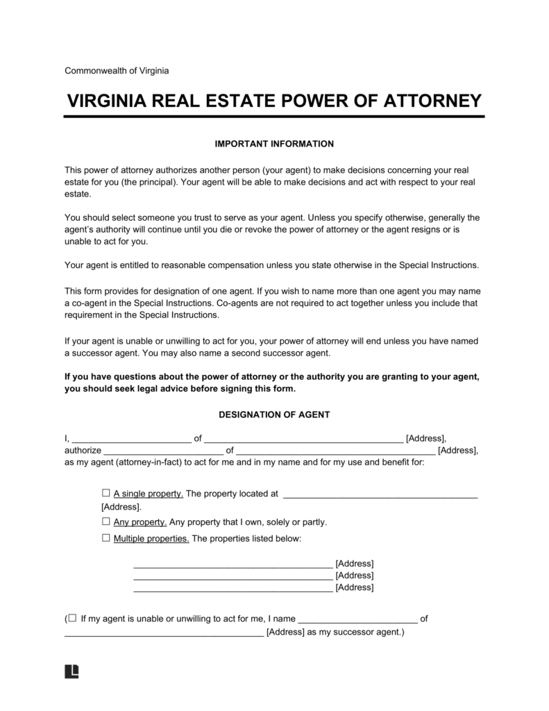 Free Virginia Real Estate Power of Attorney Form PDF & Word