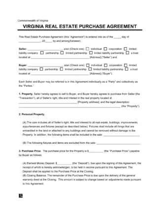 Virginia Residential Purchase Agreement Template