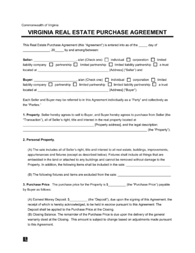 Virginia Residential Purchase Agreement Template