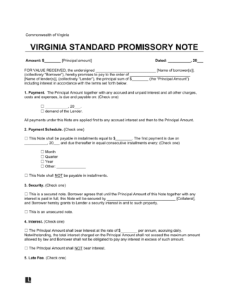Virginia Standard Promissory Note Template