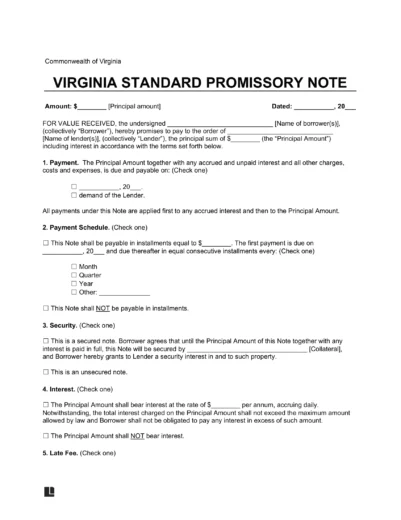 Virginia Standard Promissory Note Template