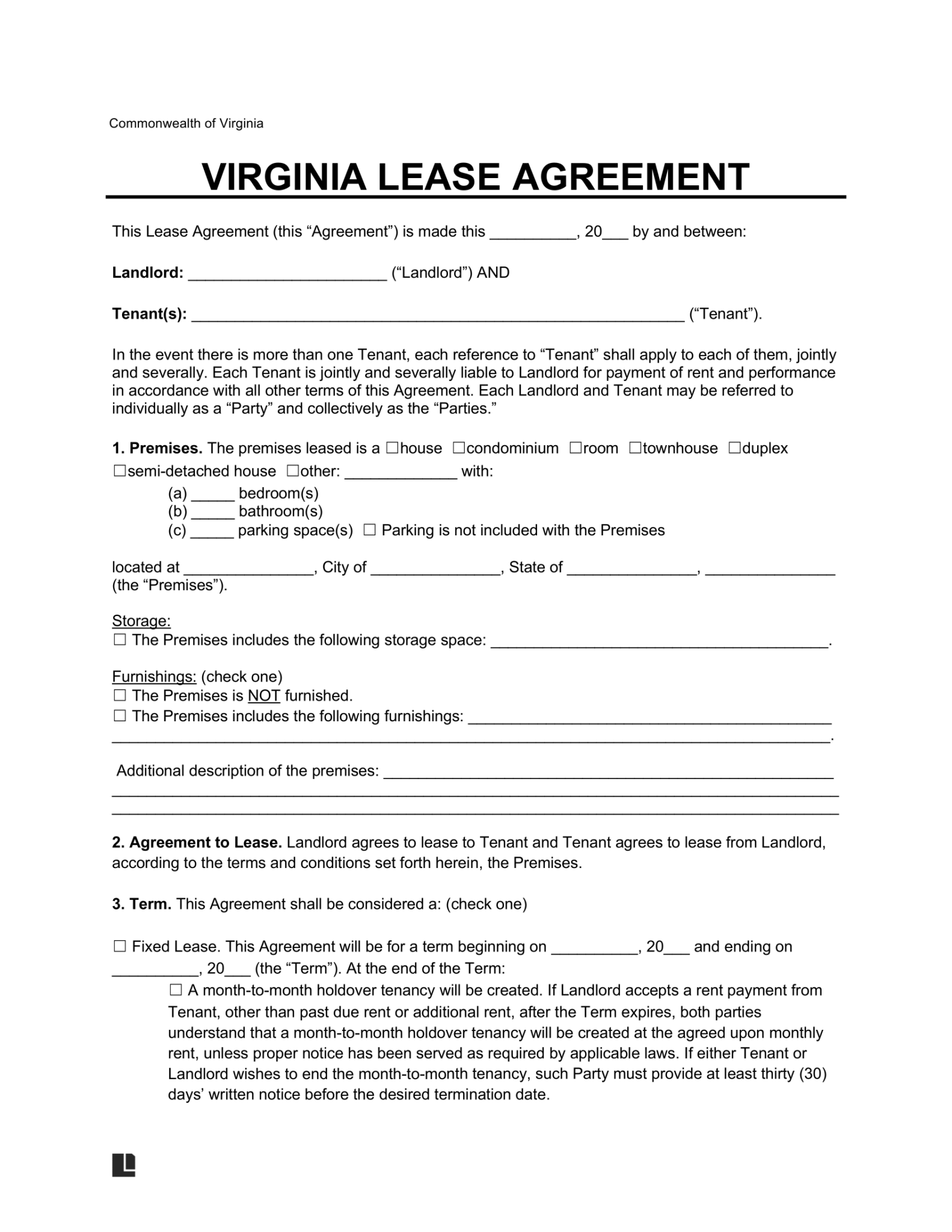 Free Virginia Standard Lease Agreement Template | PDF & Word