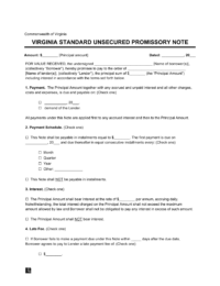 Virginia Standard Unsecured Promissory Note Template