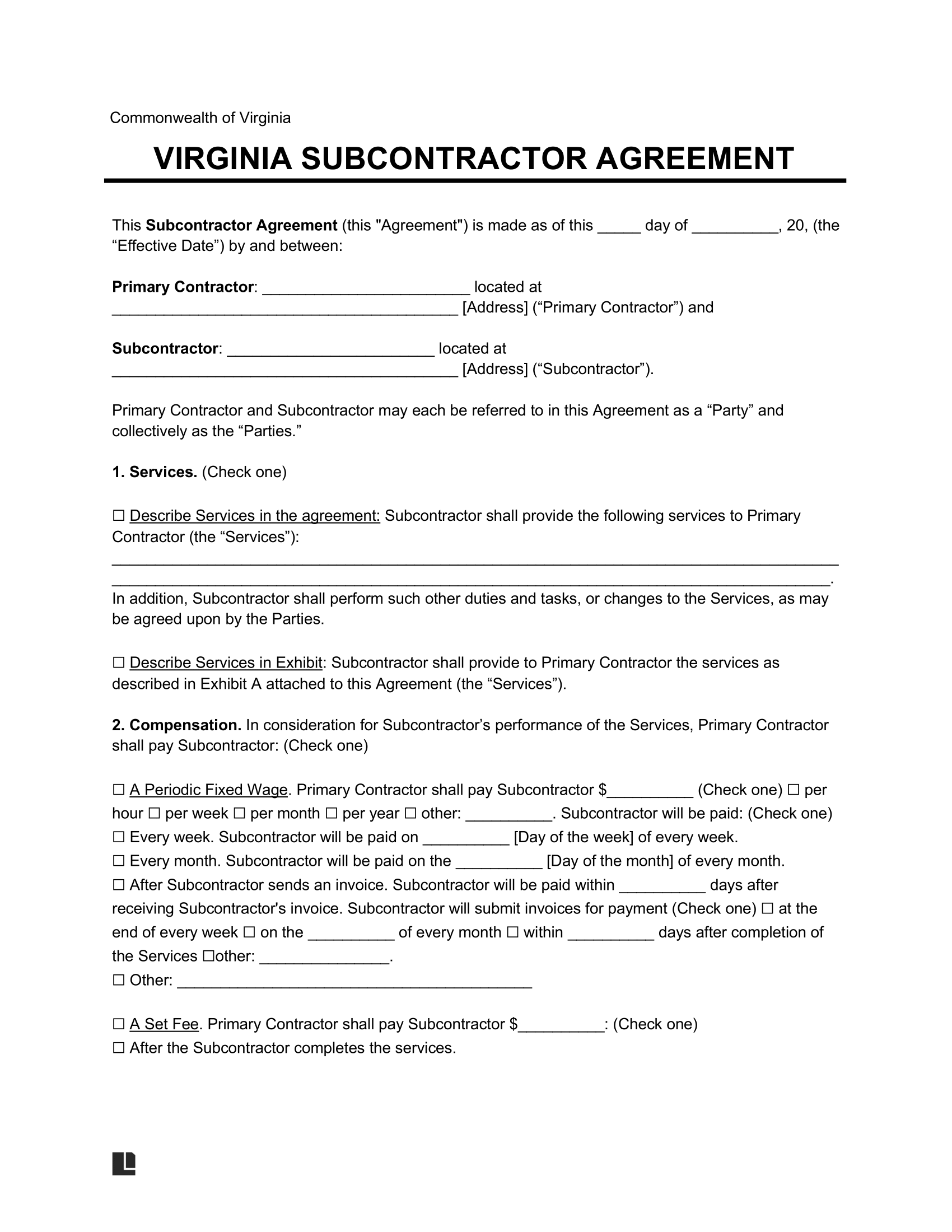 Virginia Subcontractor Agreement Template
