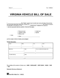 Virginia vehicle bill of sale template