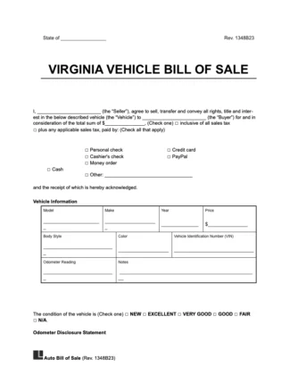 Virginia vehicle bill of sale template
