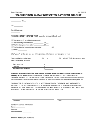 Washington 14-Day Eviction Notice to Quit (Non-Payment of Rent)