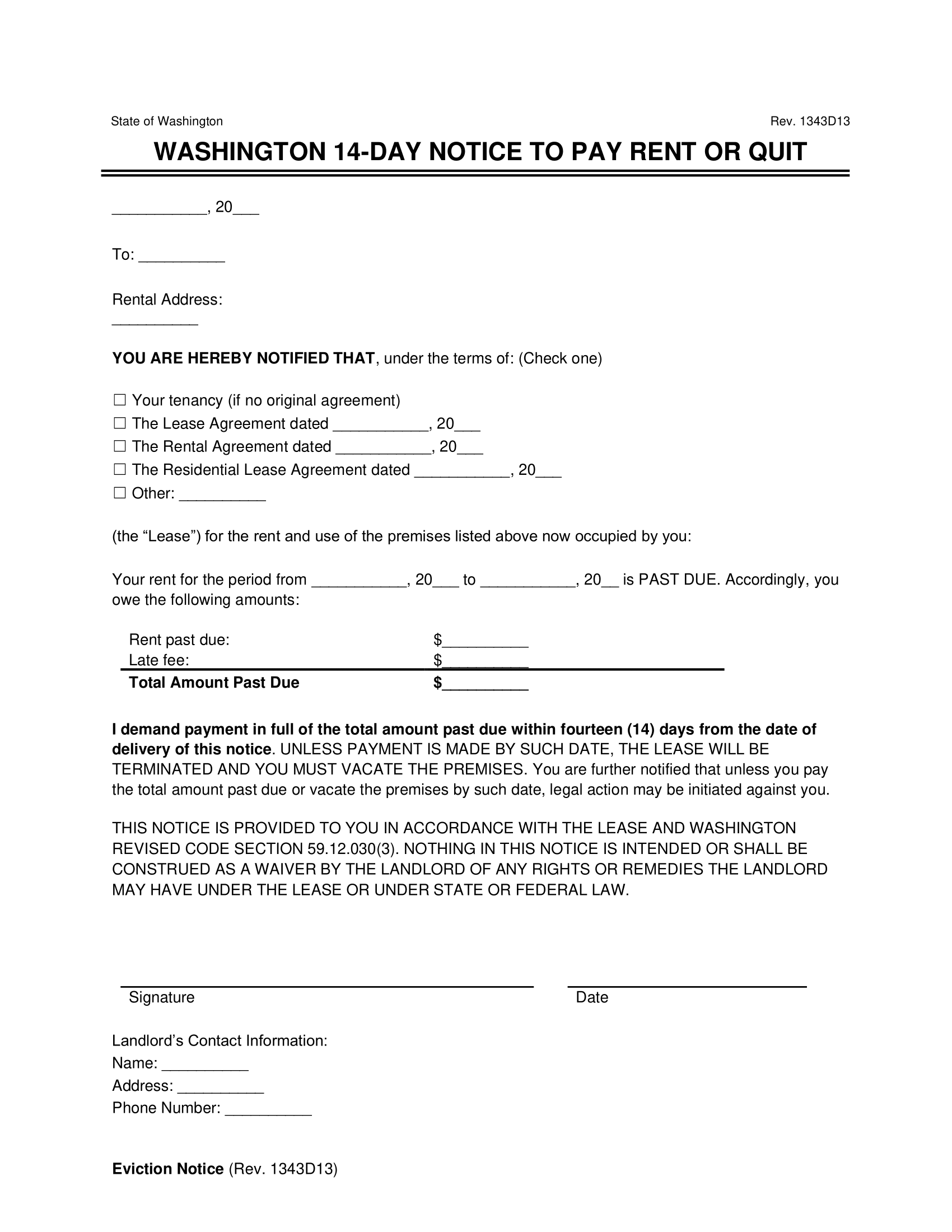 Washington 14-Day Eviction Notice to Quit (Non-Payment of Rent)
