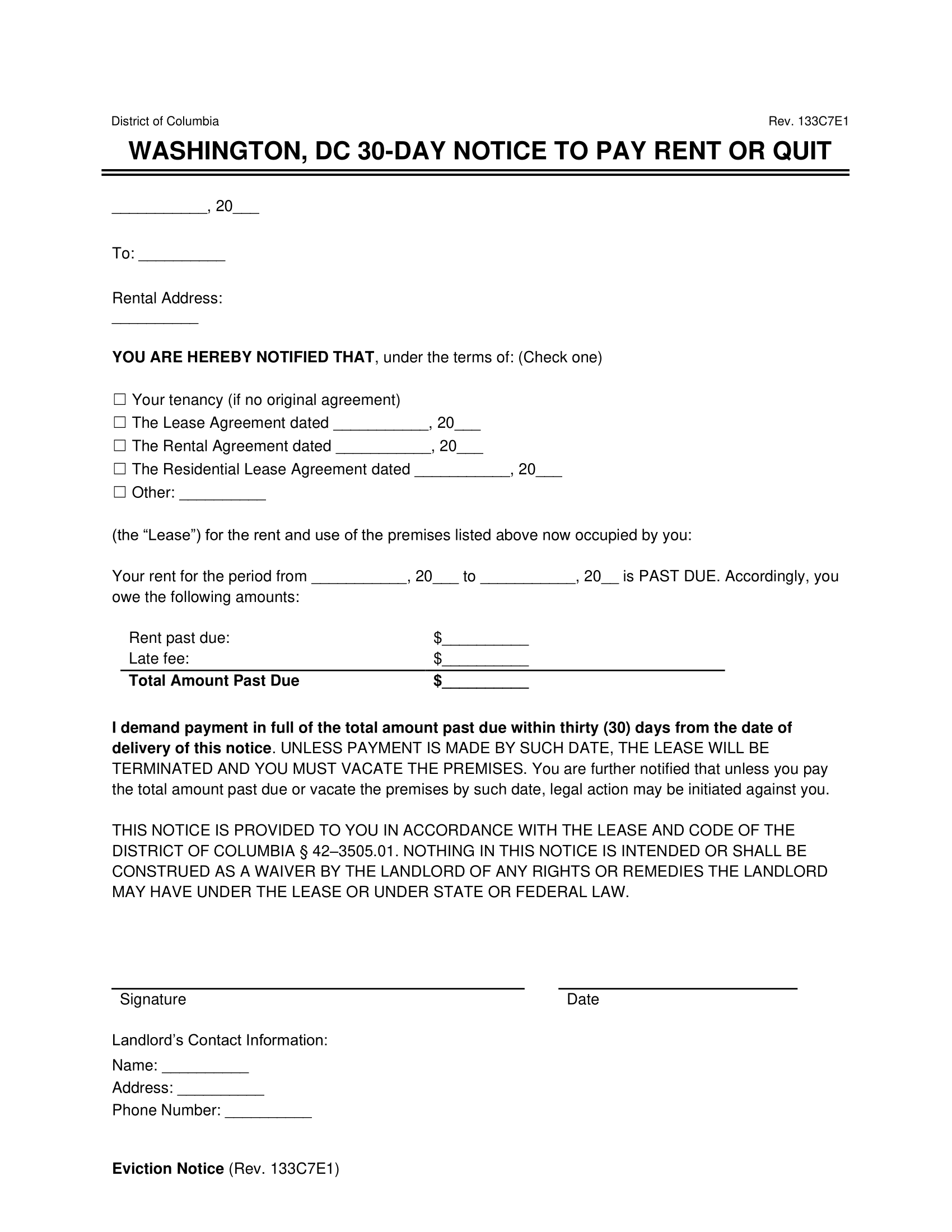 Washington DC 30-Day Notice to Quit for Non-Payment of Rent